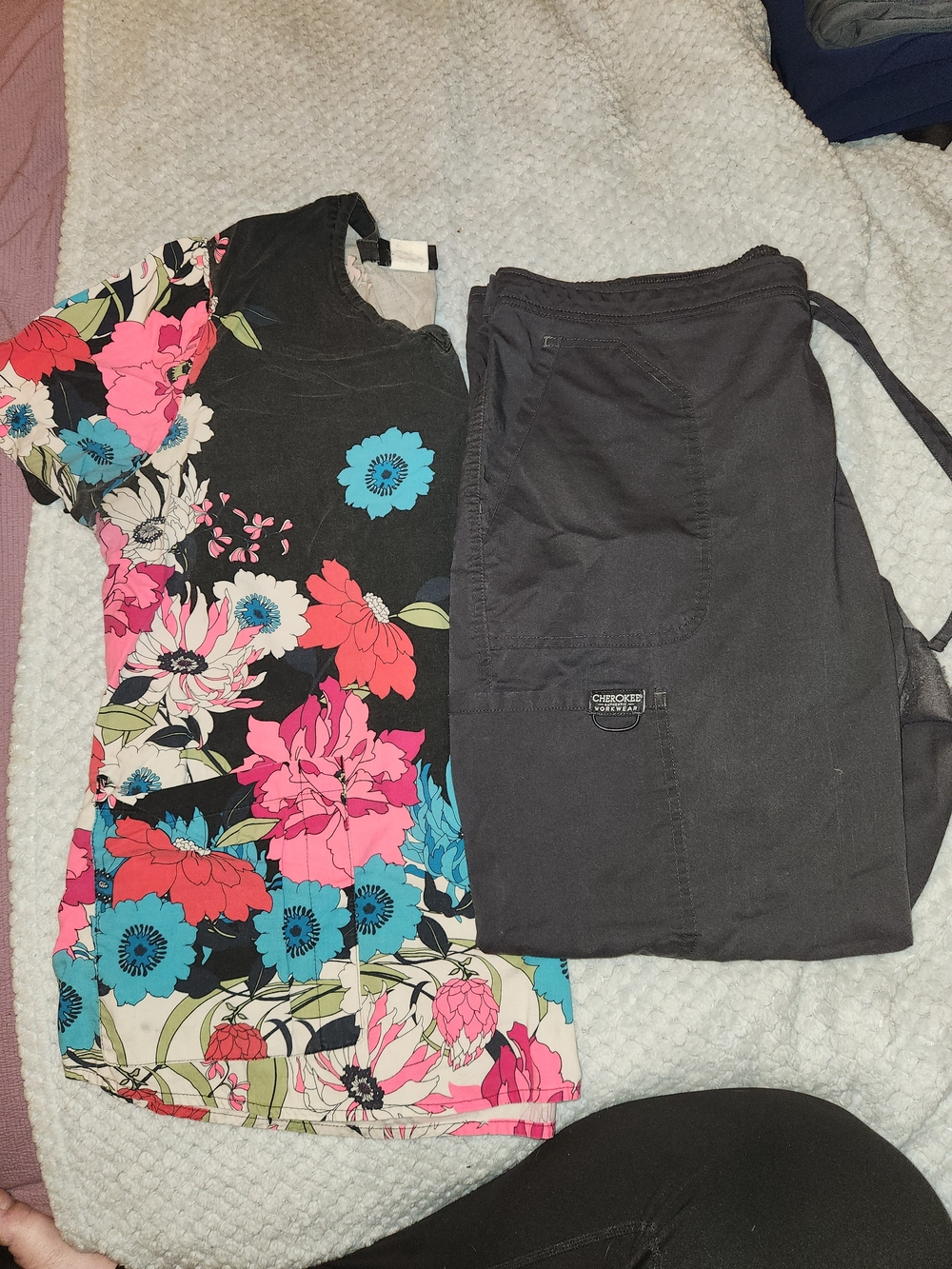 Floral Print Women's Top - Pink & Blue on Black - Cherokee